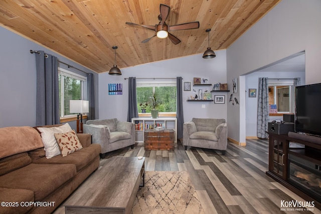 14327 E Birch Cir, Talkeetna, AK 99676 - living area with a ceiling fan, healthy amount of natural light, wood finished floors, wood ceiling, and high vaulted ceiling