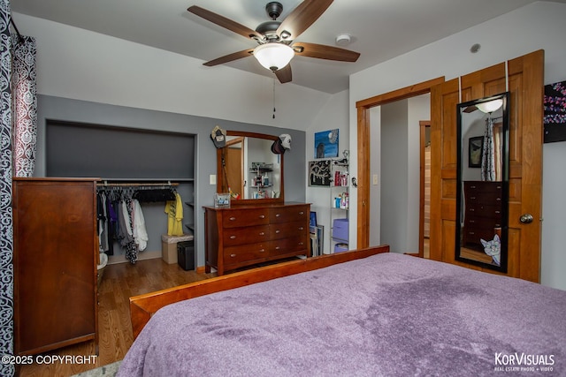 14327 E Birch Cir, Talkeetna, AK 99676 - bedroom with a closet, wood finished floors, vaulted ceiling, and ceiling fan