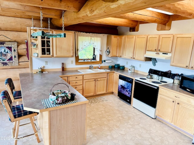 28180 Coastal Vista Cir, Anchor Point, AK 99556 - kitchen featuring black appliances, light brown cabinets, under cabinet range hood, a peninsula, and beam ceiling