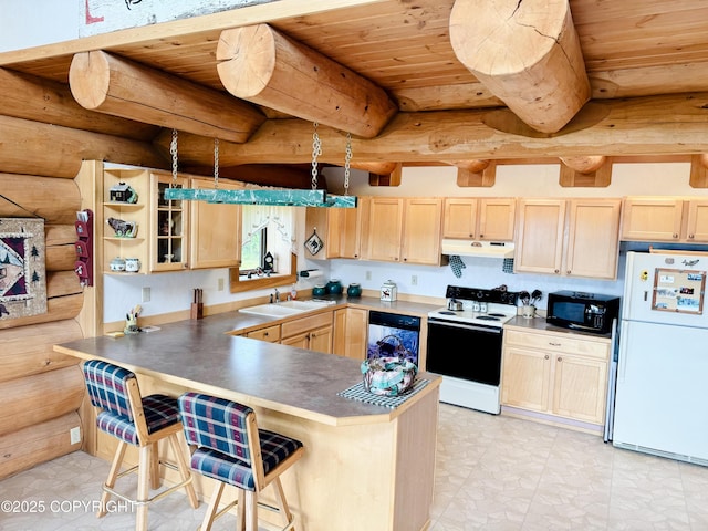 28180 Coastal Vista Cir, Anchor Point, AK 99556 - kitchen featuring black appliances, light brown cabinets, under cabinet range hood, a wooden ceiling with exposed beams, and a peninsula