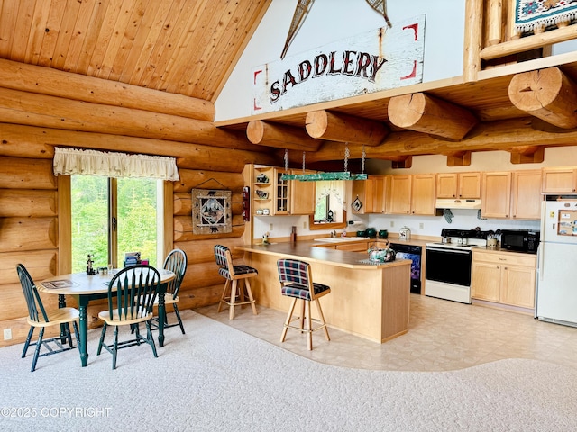 28180 Coastal Vista Cir, Anchor Point, AK 99556 - kitchen with white appliances, light brown cabinetry, log walls, under cabinet range hood, and a peninsula