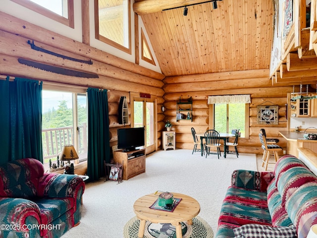 28180 Coastal Vista Cir, Anchor Point, AK 99556 - living room featuring high vaulted ceiling, a wood ceiling with exposed beams, rustic walls, and carpet floors