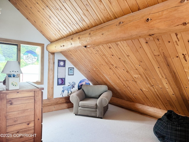 28180 Coastal Vista Cir, Anchor Point, AK 99556 - sitting room with lofted ceiling, carpet flooring, and wood ceiling