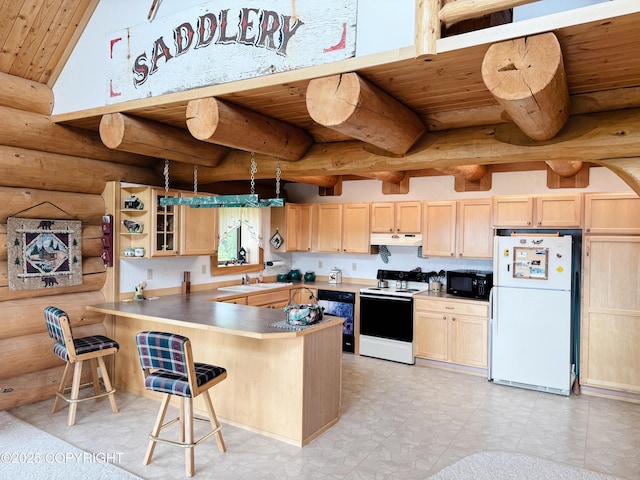 28180 Coastal Vista Cir, Anchor Point, AK 99556 - kitchen featuring black appliances, a wooden ceiling with exposed beams, light brown cabinets, a peninsula, and log walls