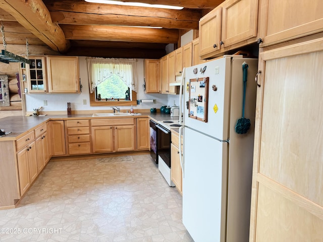 28180 Coastal Vista Cir, Anchor Point, AK 99556 - kitchen featuring freestanding refrigerator, light brown cabinets, beamed ceiling, electric stove, and glass insert cabinets