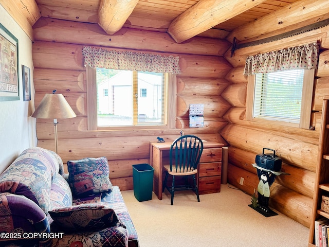 28180 Coastal Vista Cir, Anchor Point, AK 99556 - office with a wood ceiling with exposed beams, carpet flooring, and log walls