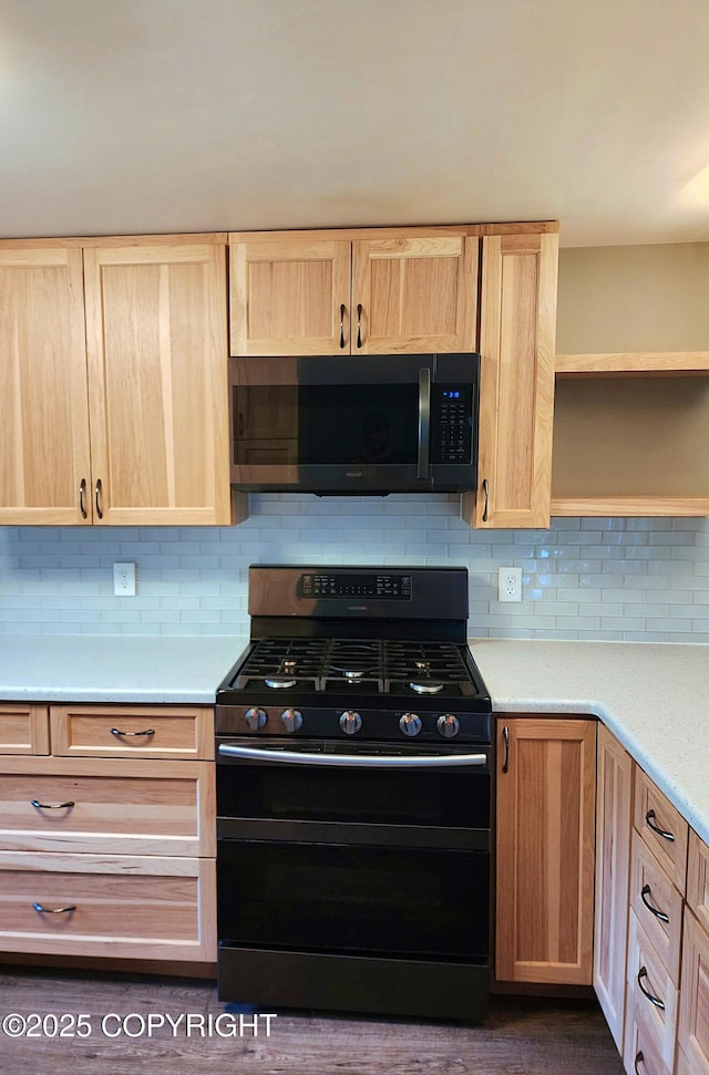 3043 Lakeview Dr, Kodiak, AK 99615 - kitchen with black gas range, light brown cabinets, open shelves, light countertops, and backsplash