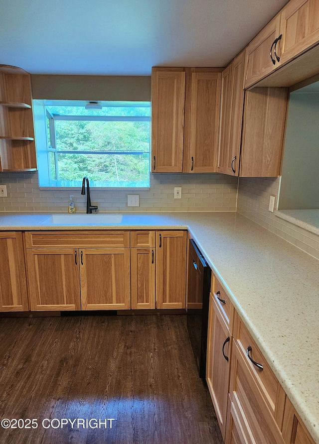 3043 Lakeview Dr, Kodiak, AK 99615 - kitchen with dishwasher, tasteful backsplash, dark wood-type flooring, and light countertops