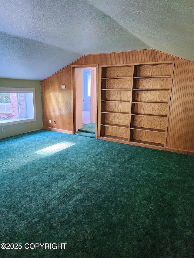 3043 Lakeview Dr, Kodiak, AK 99615 - empty room with vaulted ceiling, a textured ceiling, wood walls, carpet floors, and built in shelves