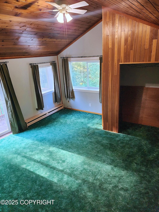 3043 Lakeview Dr, Kodiak, AK 99615 - unfurnished room with a baseboard radiator, vaulted ceiling, wooden ceiling, carpet, and a ceiling fan