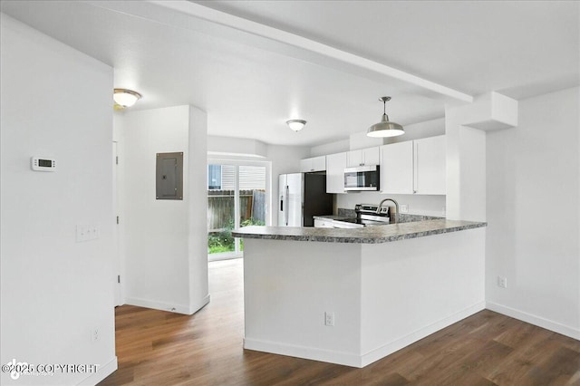 165 Rusty Allen Pl # 64, Anchorage, AK 99504 - kitchen with stainless steel appliances, electric panel, dark wood-type flooring, white cabinets, and a peninsula
