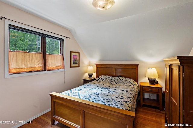 7409 S Timberview Dr, Wasilla, AK 99623 - bedroom with dark wood-style flooring and lofted ceiling