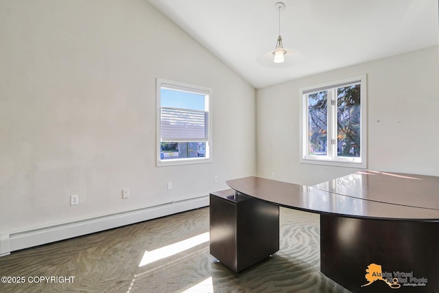 124 E 7th Ave, Anchorage, AK 99501 - unfurnished dining area featuring a baseboard heating unit, healthy amount of natural light, and lofted ceiling