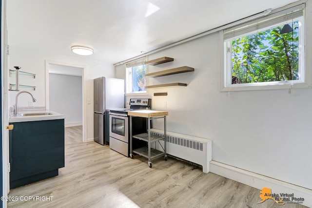 124 E 7th Ave, Anchorage, AK 99501 - kitchen featuring stainless steel appliances, radiator heating unit, open shelves, and light wood-style flooring