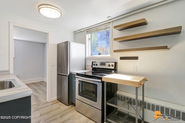 124 E 7th Ave, Anchorage, AK 99501 - kitchen with appliances with stainless steel finishes, light wood finished floors, light countertops, and open shelves