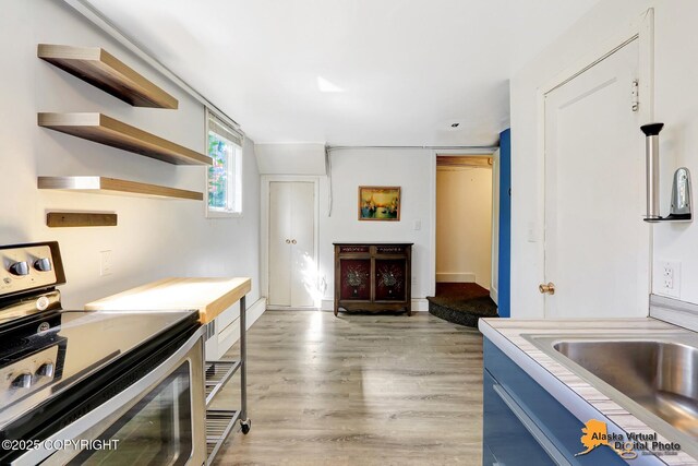 124 E 7th Ave, Anchorage, AK 99501 - kitchen featuring stainless steel electric stove, open shelves, light wood-type flooring, and light countertops