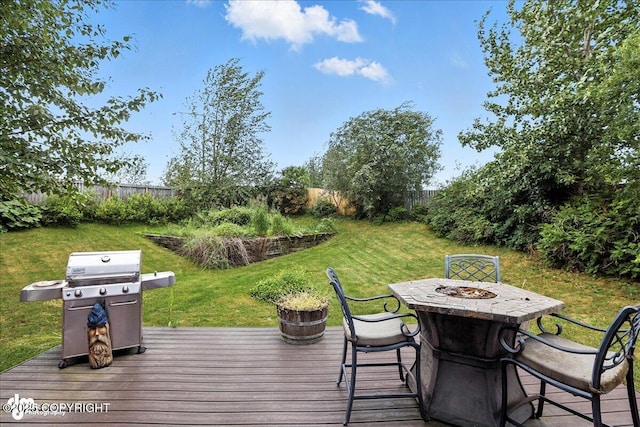 3709 Encore Cir, Anchorage, AK 99507 - deck with an outdoor fire pit, a grill, and a fenced backyard