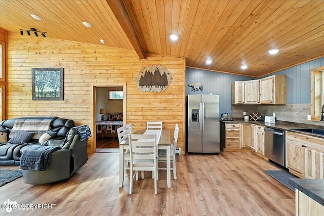 23634 Kasilof River Cir, Kasilof, AK 99610 - kitchen with stainless steel appliances, dark countertops, wooden ceiling, light brown cabinets, and light wood finished floors