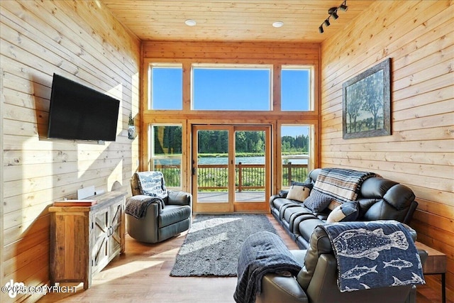 23634 Kasilof River Cir, Kasilof, AK 99610 - living area with wood walls, wood finished floors, track lighting, and wood ceiling
