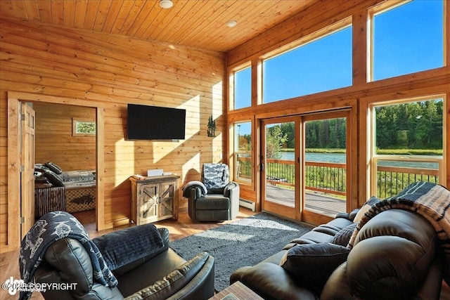 23634 Kasilof River Cir, Kasilof, AK 99610 - living room with wooden ceiling, a baseboard heating unit, wood walls, and wood finished floors