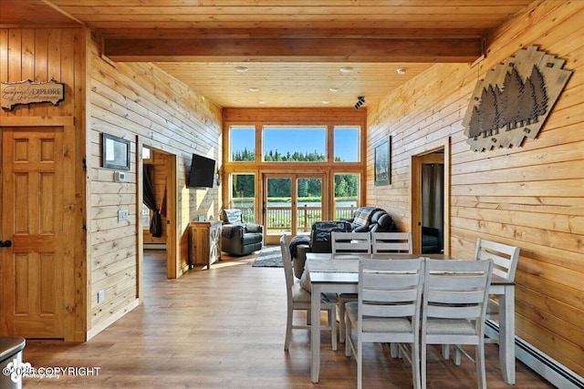 23634 Kasilof River Cir, Kasilof, AK 99610 - dining area with a wood ceiling with exposed beams, wooden walls, baseboard heating, and wood finished floors
