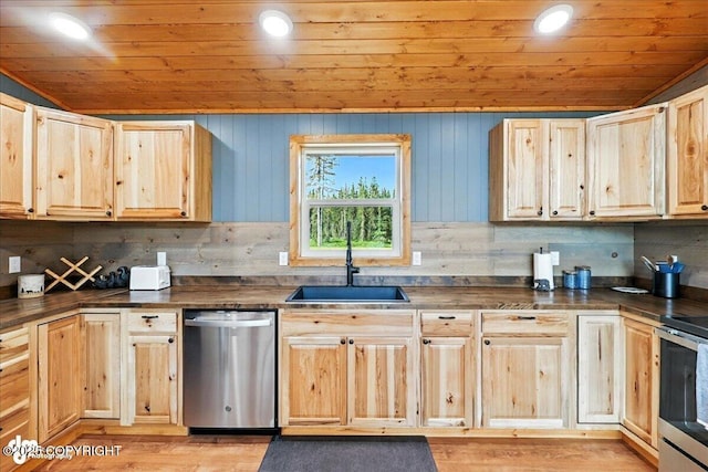 23634 Kasilof River Cir, Kasilof, AK 99610 - kitchen featuring appliances with stainless steel finishes, light brown cabinetry, dark countertops, wood ceiling, and lofted ceiling