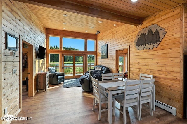 23634 Kasilof River Cir, Kasilof, AK 99610 - dining space featuring a wood ceiling with exposed beams, a baseboard heating unit, recessed lighting, wood walls, and wood finished floors