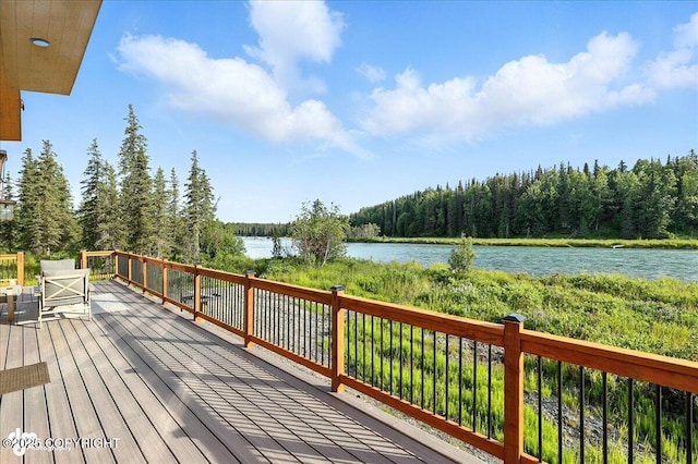 23634 Kasilof River Cir, Kasilof, AK 99610 - wooden terrace featuring a water view and a forest view