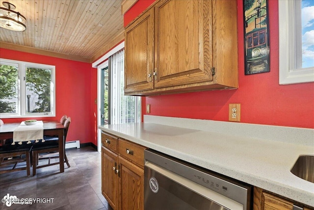 2924 Carnaby Way, Anchorage, AK 99504 - kitchen featuring stainless steel dishwasher, brown cabinets, light countertops, wooden ceiling, and a baseboard radiator