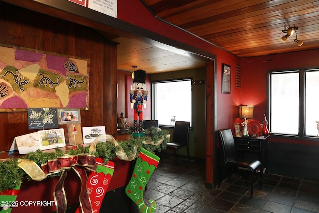 59217 E E End Rd, Homer, AK 99603 - dining space with stone tile floors and wooden ceiling