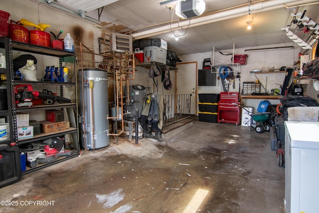 10711 Colville St, Eagle River, AK 99577 - garage with water heater, a garage door opener, a workshop area, and electric panel