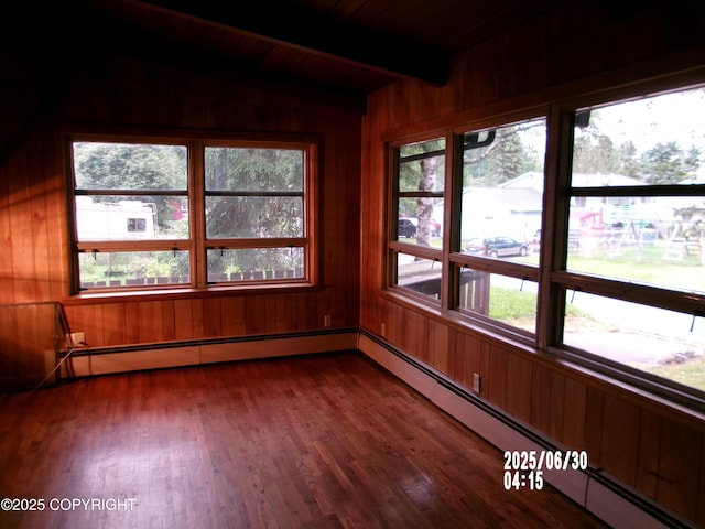 5731 College Dr, Anchorage, AK 99504 - unfurnished sunroom with wooden walls, wood finished floors, and baseboard heating