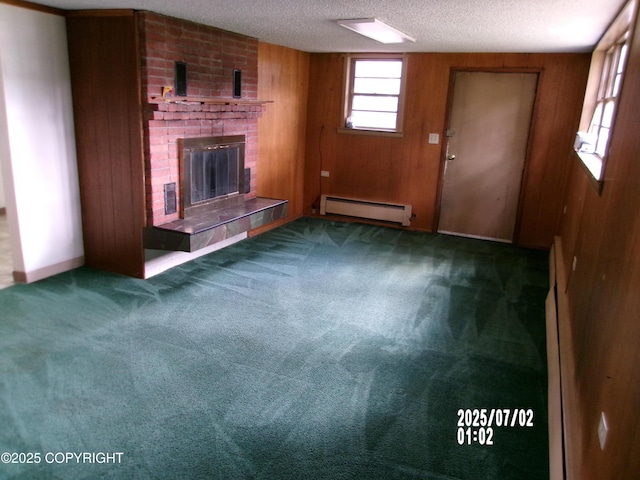 5731 College Dr, Anchorage, AK 99504 - unfurnished living room featuring a baseboard radiator, carpet floors, a brick fireplace, a textured ceiling, and wooden walls
