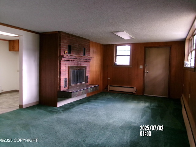 5731 College Dr, Anchorage, AK 99504 - unfurnished living room featuring a baseboard radiator, carpet flooring, a baseboard heating unit, a fireplace, and a textured ceiling