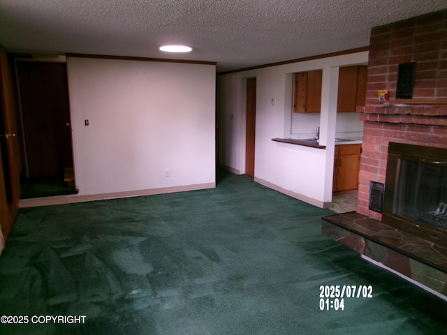 5731 College Dr, Anchorage, AK 99504 - unfurnished living room with carpet floors, a brick fireplace, and a textured ceiling