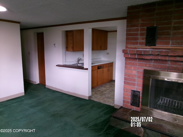 5731 College Dr, Anchorage, AK 99504 - unfurnished living room with a brick fireplace, carpet flooring, a textured ceiling, and ornamental molding