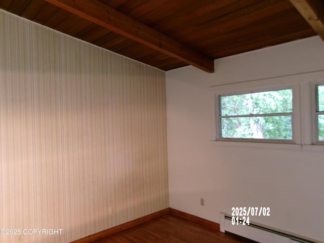 5731 College Dr, Anchorage, AK 99504 - unfurnished room with a baseboard heating unit, dark wood-style flooring, and a wood ceiling with exposed beams