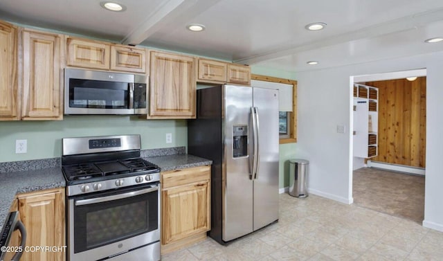8011 Stewart Mountain Dr, Eagle River, AK 99577 - kitchen featuring stainless steel appliances, baseboard heating, dark countertops, recessed lighting, and beamed ceiling