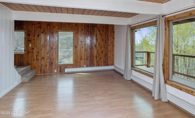 8011 Stewart Mountain Dr, Eagle River, AK 99577 - spare room featuring light wood-style floors, a wooden ceiling with exposed beams, stairs, a baseboard radiator, and wood walls
