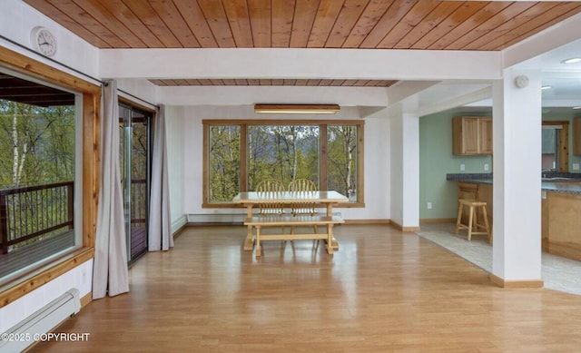 8011 Stewart Mountain Dr, Eagle River, AK 99577 - unfurnished dining area with a baseboard radiator, light wood-style flooring, and a wood ceiling with exposed beams