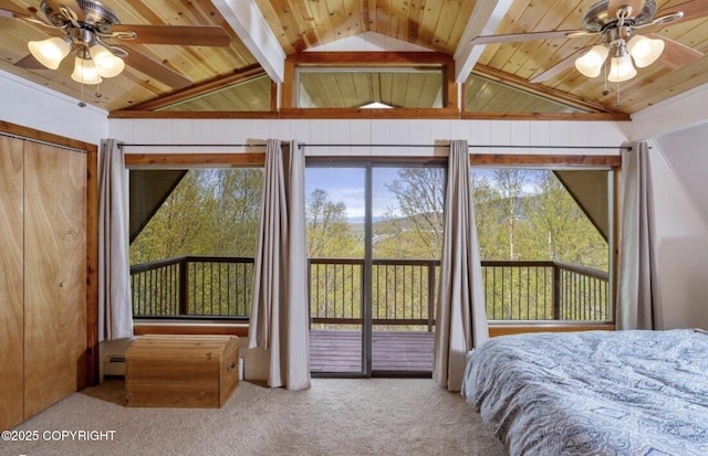 8011 Stewart Mountain Dr, Eagle River, AK 99577 - bedroom with carpet floors, lofted ceiling, access to exterior, a baseboard radiator, and wood ceiling