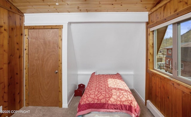 8011 Stewart Mountain Dr, Eagle River, AK 99577 - bedroom featuring carpet floors, wooden walls, wooden ceiling, and a baseboard heating unit