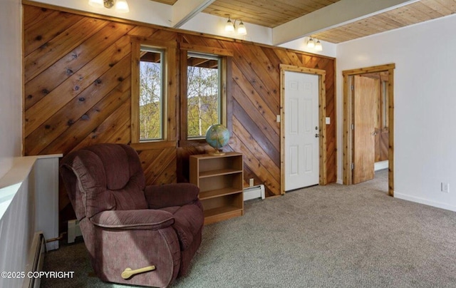 8011 Stewart Mountain Dr, Eagle River, AK 99577 - living area featuring a baseboard heating unit, carpet flooring, wood walls, and a wood ceiling with exposed beams