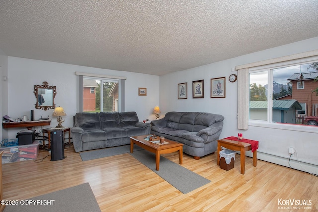 203 S Cobb St, Palmer, AK 99645 - living area featuring wood finished floors, a textured ceiling, healthy amount of natural light, and a baseboard radiator