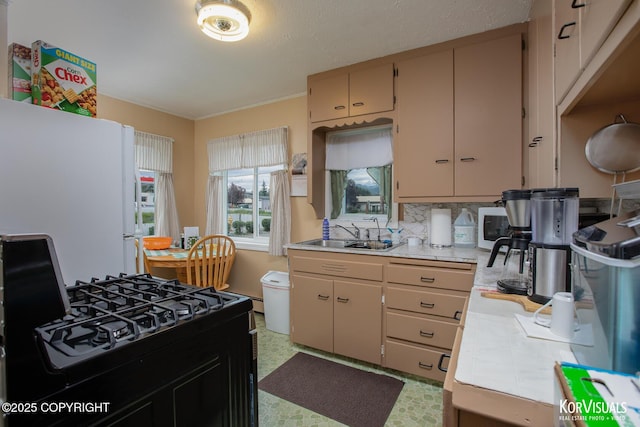 203 S Cobb St, Palmer, AK 99645 - kitchen with freestanding refrigerator, light countertops, black gas range, tasteful backsplash, and crown molding