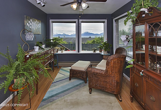 213 Lee Dr, Homer, AK 99603 - living area featuring ceiling fan, a baseboard radiator, and light wood-style floors