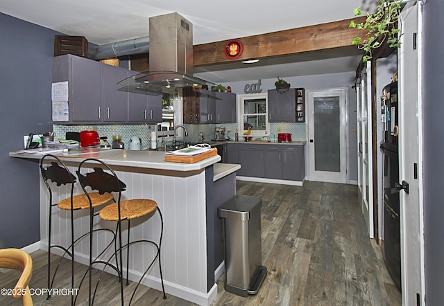 213 Lee Dr, Homer, AK 99603 - kitchen featuring a peninsula, island range hood, tasteful backsplash, and dark wood-style flooring