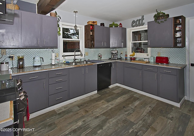 213 Lee Dr, Homer, AK 99603 - kitchen featuring black dishwasher, gray cabinets, dark wood-type flooring, decorative backsplash, and light countertops