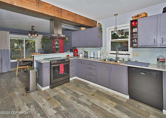 213 Lee Dr, Homer, AK 99603 - kitchen featuring gray cabinetry, stainless steel range with electric cooktop, dishwasher, island exhaust hood, and backsplash