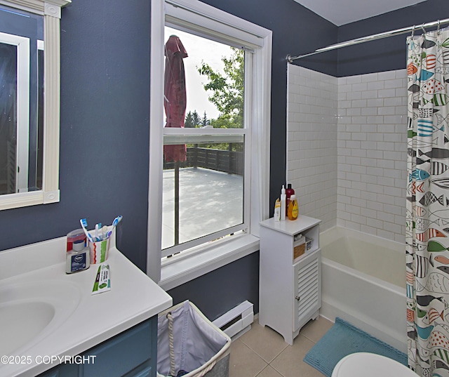 213 Lee Dr, Homer, AK 99603 - bathroom with vanity, tile patterned floors, shower / bath combo, and a baseboard heating unit